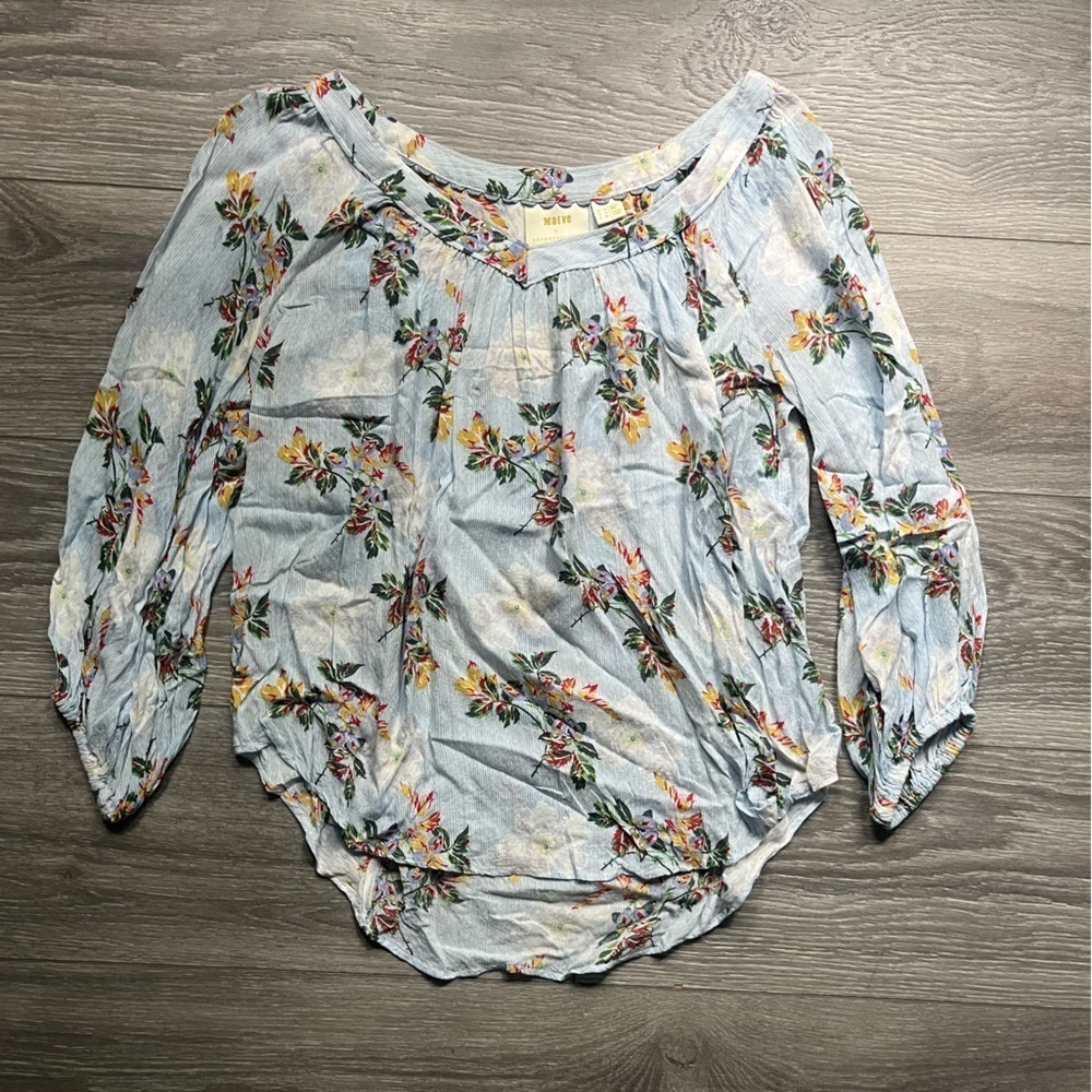 Maeve Anthropologie Blue White Floral V Neck Long Sleeve Blouse Size 6 Flowy